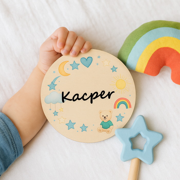 Personalised wooden baby milestone cards — blue bear