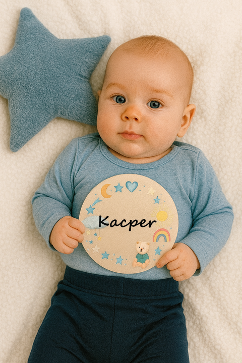 Personalised wooden baby milestone cards — blue bear