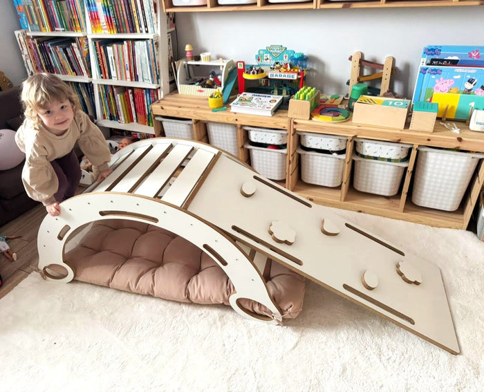 Wooden Montessori rocker XL with cushion and slide/climbing ramp