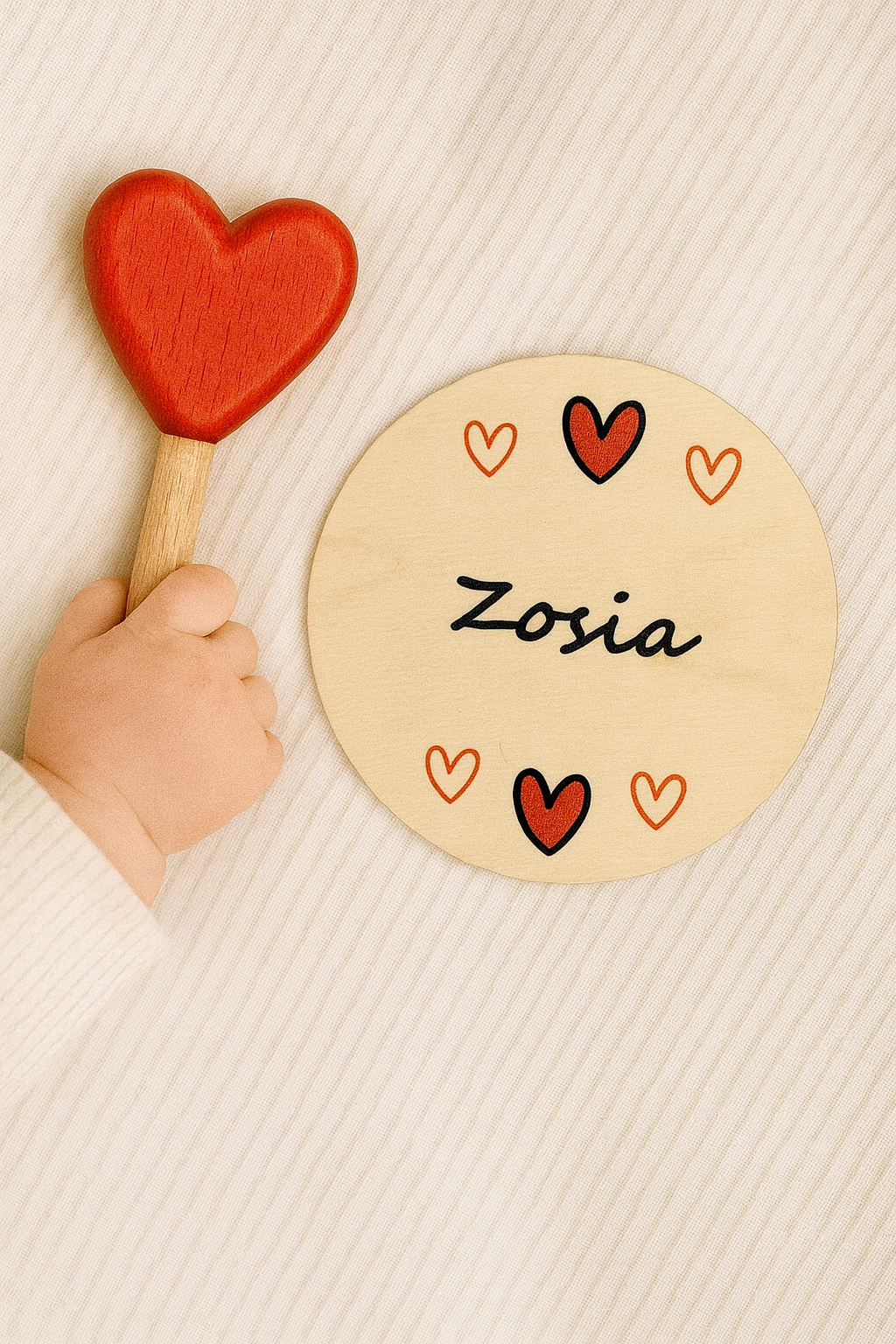 Personalisierte Meilensteinkarten aus Holz — bunte Herzen