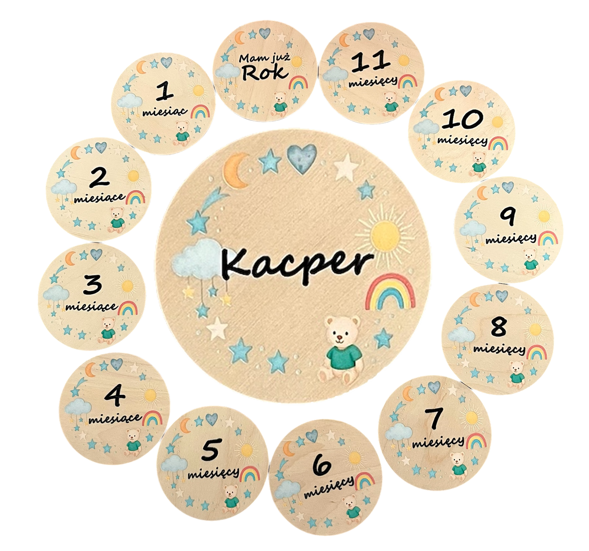 Personalised wooden baby milestone cards — blue bear
