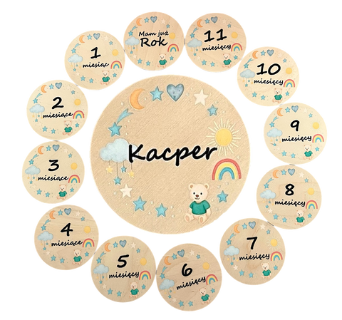 Personalised wooden baby milestone cards — blue bear