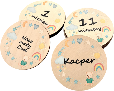 Personalised wooden baby milestone cards — blue bear