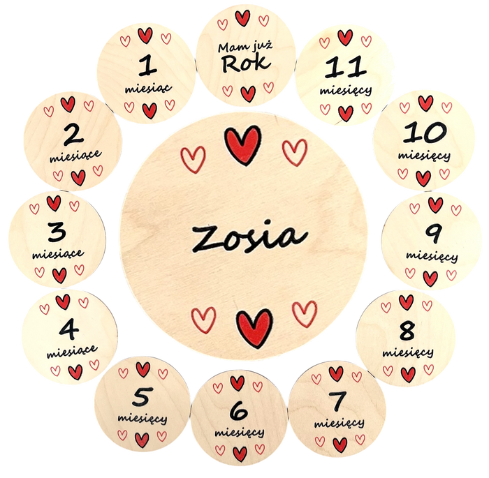 Personalised wooden baby milestone cards — colourful hearts