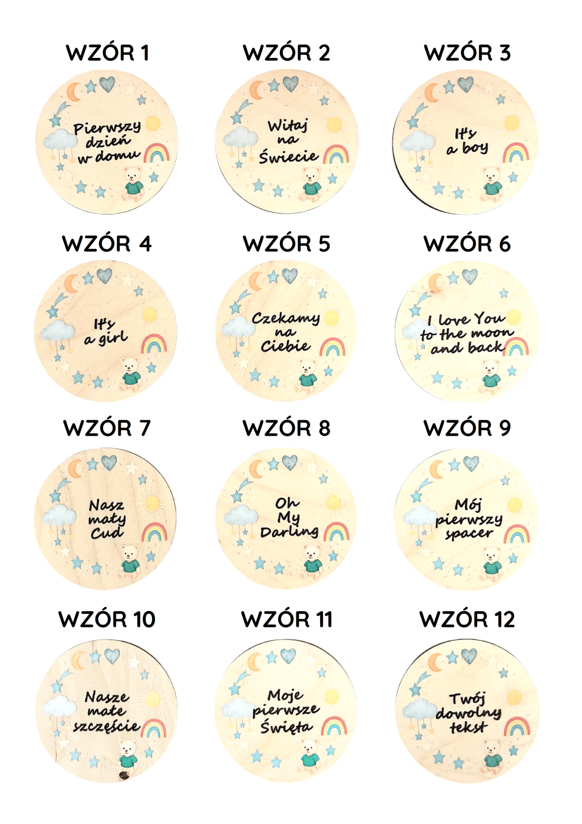 Personalised wooden baby milestone cards — blue bear